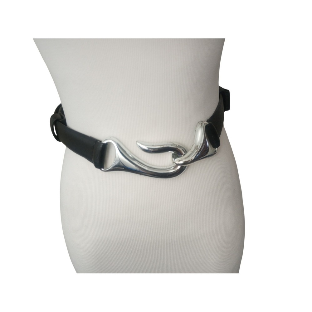 Chico's Black Leather Belt S/M Silver Hook Buckle Sculptural Modernist Statement